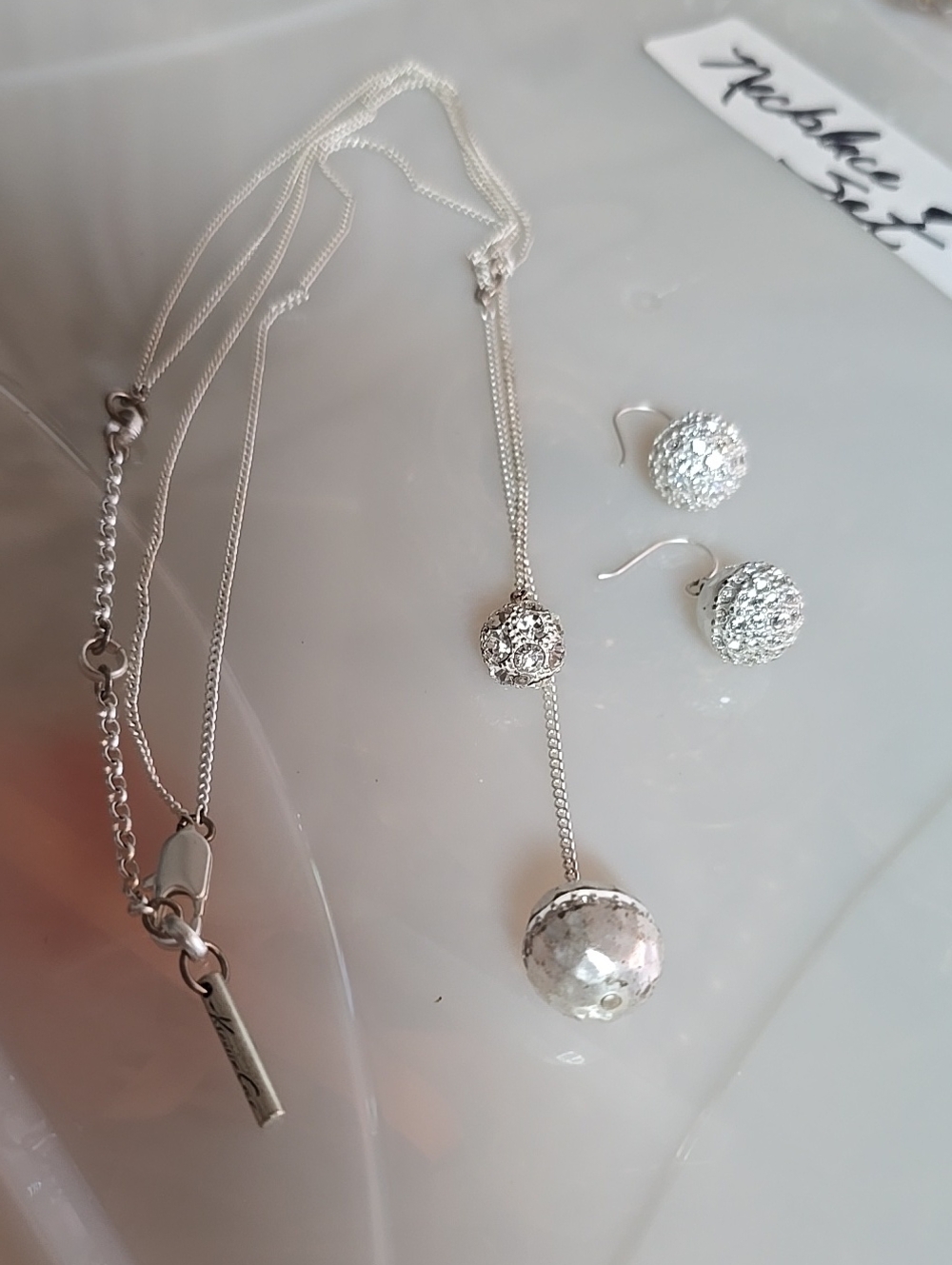 Kenneth Cole Silver Crystal Drop Necklace and Dangle  Earrings Set